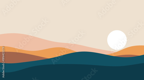 Abstract Landscape Beige, Peach, Teal Waves, Sun Graphic, Minimalist Desert Illustration for Wall Art and Digital Backgrounds 137