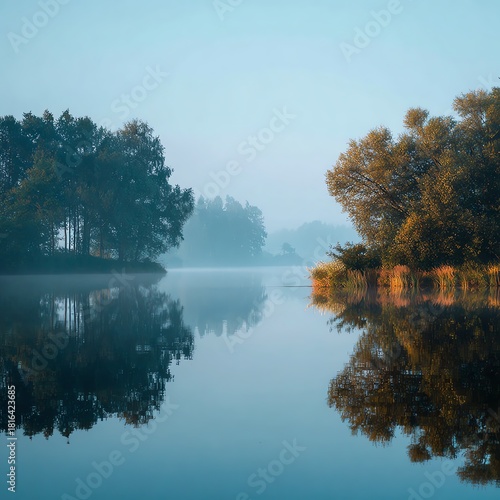 A serene lake scene showcasing soft reflections on calm waters, evoking tranquility and peace in nature's embrace.