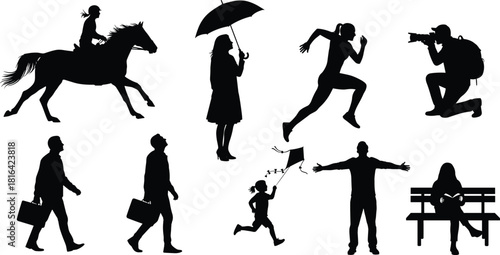 Silhouette vector set of people in motion including horse riding, running, walking, photography, kite flying, and outdoor lifestyle scenes