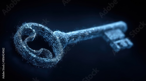 Fototapeta Naklejka Na Ścianę i Meble -  Digital Representation of a Key in a Futuristic Style with Glowing Particles Emphasizing Unlocking Concepts and Cybersecurity Themes