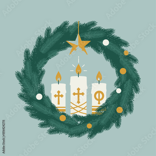 An illustration of a festive Advent wreath with three lit candles and a golden star on a light blue background, featuring religious symbols.