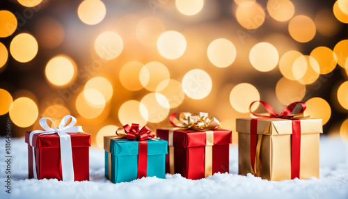 four colorful gift boxes on snow with warm golden bokeh background
