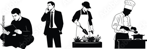 Silhouette vector set of reader, businessman, gardener, and chef – education, corporate, outdoor, and culinary profession icons collection