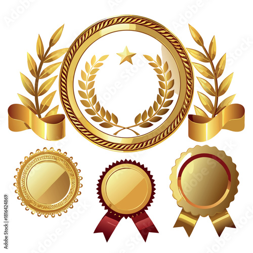 Luxury golden royal badge emblem, black background, gold wreath, crown icon, shiny metallic effect, elegant premium logo style