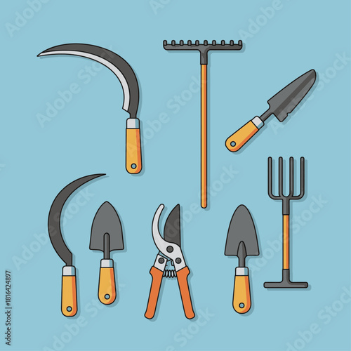 A collection of essential gardening tools including sickles, rakes, trowels, pruning shears, and a hand fork, arranged on a light blue background.