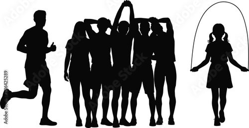Silhouette vector set of running, group standing, and jump rope – fitness, exercise, teamwork, and movement activity icons collection