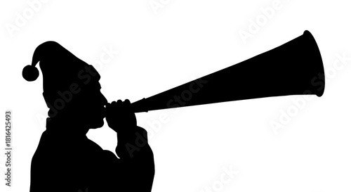 Silhouette of a person in a jester hat blowing a long horn