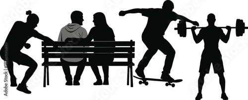 Silhouette vector set of squatting athlete, bench conversation, skateboarding action, weightlifting pose, lifestyle activity, fitness, recreation, black icons