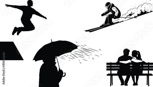 Silhouette vector set showing jumping, skiing, umbrella in rain, trapezoid shape, and couple sitting for lifestyle and concept themes