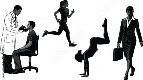 Silhouette vector set showing doctor checkup, running, handstand poses, and business walking for lifestyle, health, and professional themes