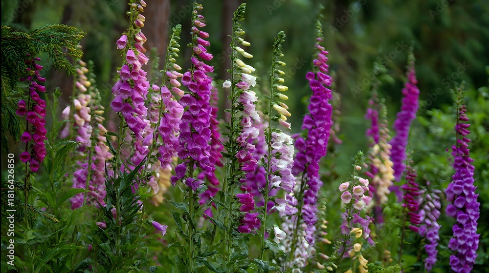 Obraz premium Vibrant purple and pink foxglove flowers blooming in a lush summer garden.
