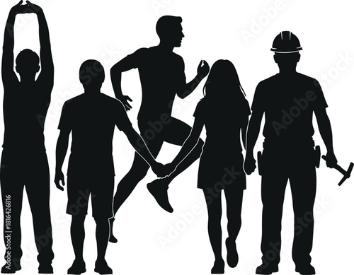 Silhouetted Human Figures in Motion and Work Poses Representing Activity, Occupation, Exercise, and Everyday Life for Creative Design Use