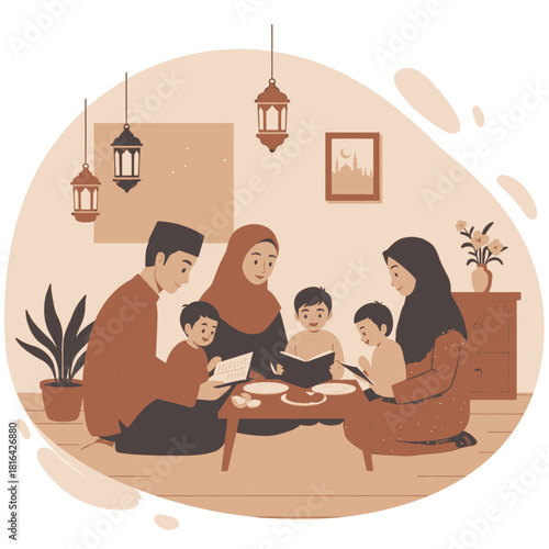 Muslim family reading books together at home, parents and children engaging in a quiet educational activity, surrounded by traditional decor.