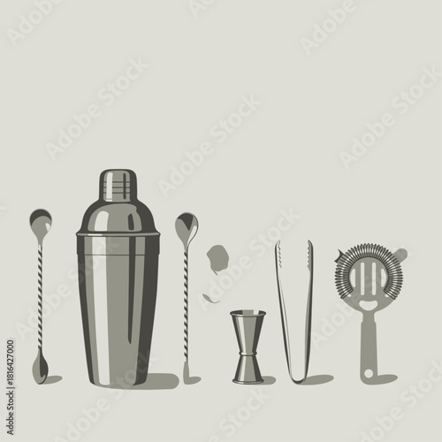 A collection of essential silver bar tools including a cocktail shaker, jigger, spoons, tongs, and strainer, arranged on a light background.
