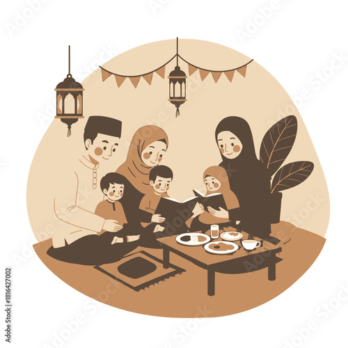 Muslim family reading together at home during a religious celebration, with lanterns and food on the table.