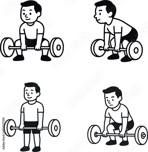 Man doing deadlift silhouette Four cartoon figures demonstrating barbell deadlift exercise variations