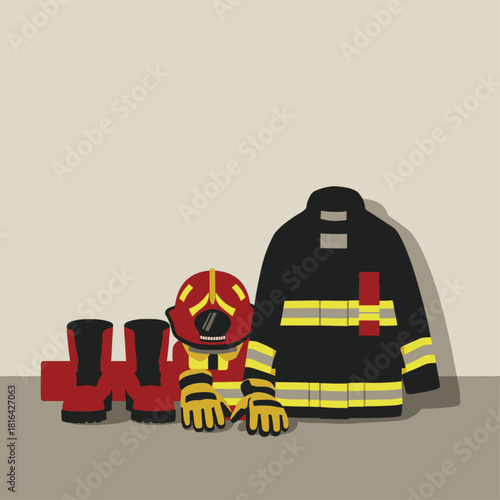 Firefighter's uniform and protective gear including jacket, helmet, gloves, and boots laid out on a floor.