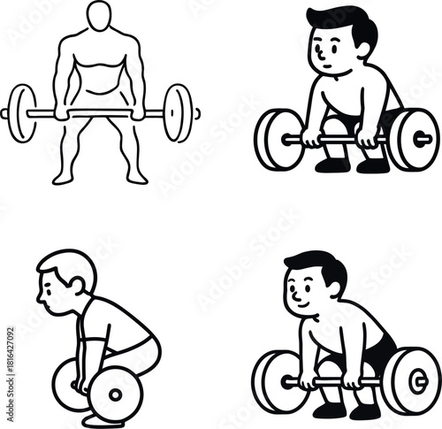 Man doing deadlift silhouette Four cartoon figures lifting barbells in different poses and styles