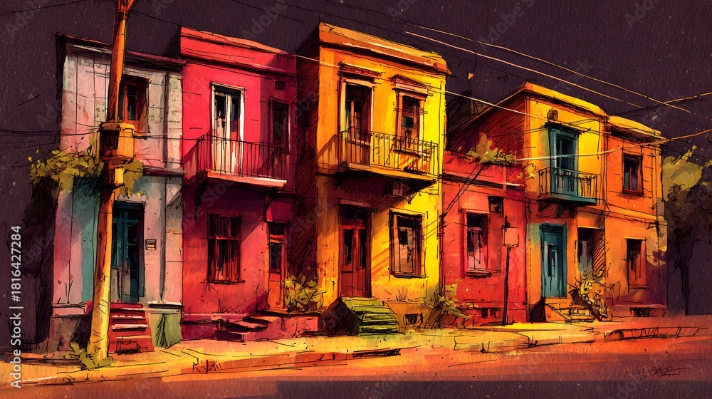 Fototapeta premium Vibrant row of colorful historic buildings on a city street at dusk.