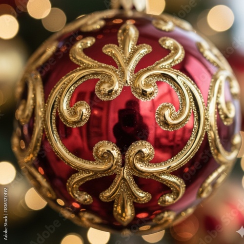 A close-up of an elegant red Christmas ornament decorated with intricate golden patterns, creating a festive and luxurious holiday look