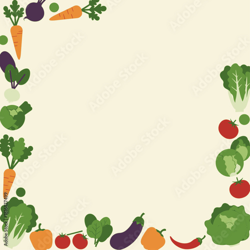 A border frame made of various fresh vegetables on a light background, promoting healthy eating and natural food.