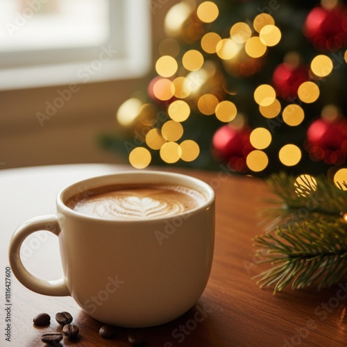 A warm cup of coffee with latte art on a wooden table, set against a glowing Christmas tree with golden lights in the background.