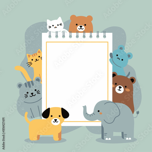 Cute cartoon animals surrounding a blank spiral notepad for notes and messages.