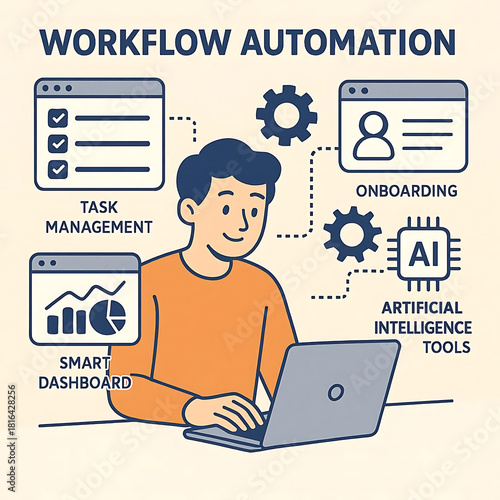 Workflow automation illustration. Character working on laptop with smart dashboards, AI automated business processes on screen. Task management, onboarding, artificial intelligence tools.