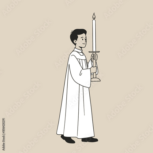 Line drawing of a young altar boy in a white robe holding a lit candle in a candlestick, walking solemnly during a religious ceremony.