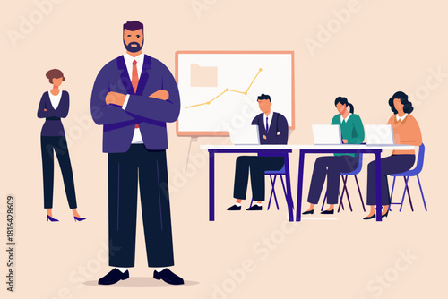 Confident business leader with team meeting in background illustration