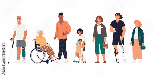 Diverse group of people with disabilities and mobility aids illustration