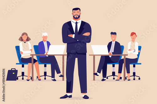 Confident business leader with team working on laptops in the background