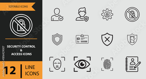 12 Security Control and Access Icons outline icon set Outline security control icons for access management and safety rules