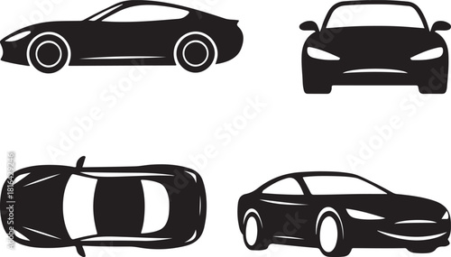 Car Silhouette Icon Set – Modern Vehicle Front and Side View Vector Collection.