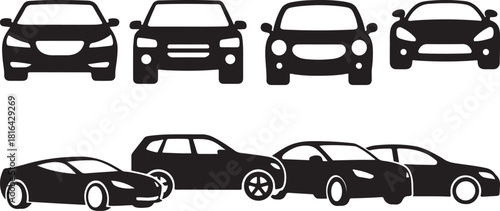 Car Silhouette Icon Set – Modern Vehicle Front and Side View Vector Collection.