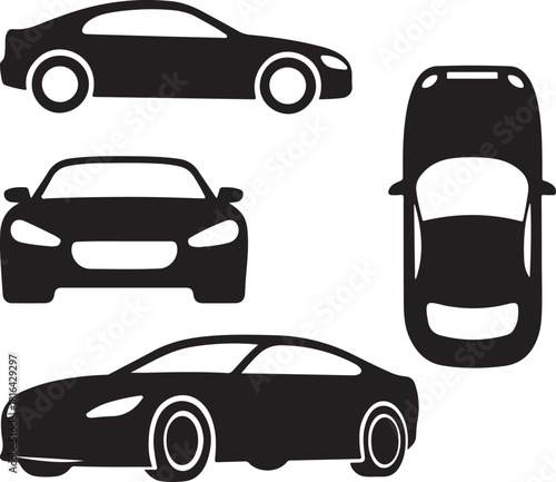 Car Silhouette Icon Set – Modern Vehicle Front and Side View Vector Collection.