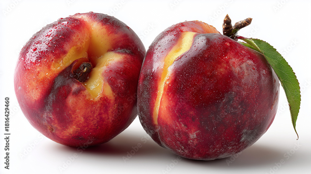 Fototapeta premium A high-detail close-up of two bruised peaches with visible cracks, dents, and moisture droplets on their red and yellow skin, showcasing natural imperfections and damaged texture.