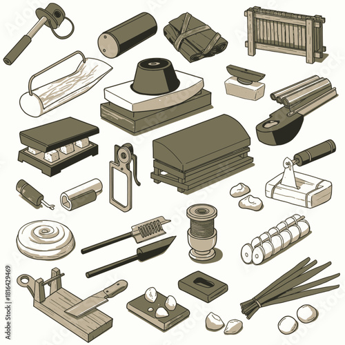 An assortment of traditional kitchen tools and food ingredients for cooking and preparation.