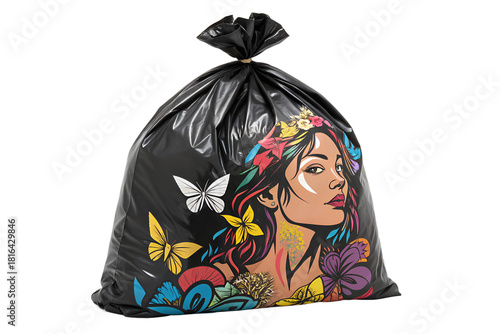 A black garbage bag shows a vibrant illustration of a woman's face in profile, surrounded by beautiful flowers and flying butterflies.
