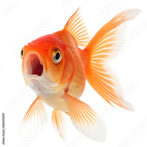 A bright orange goldfish swims forward with its mouth wide open, showing a clear expression of surprise against a clean black background.
