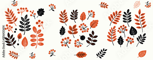 A charming and whimsical pattern of stylized autumn leaves and floral elements in warm orange and black on a cream background
