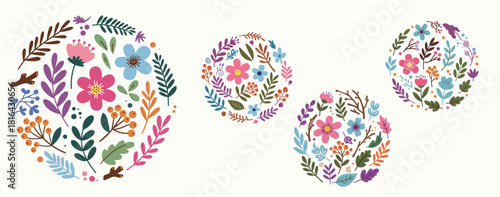 Four decorative floral easter eggs in various sizes and colors against a pale background