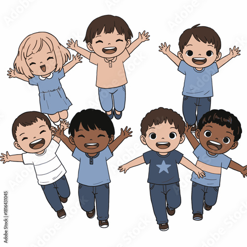 A vibrant illustration of diverse, happy cartoon children with outstretched arms running and playing together.