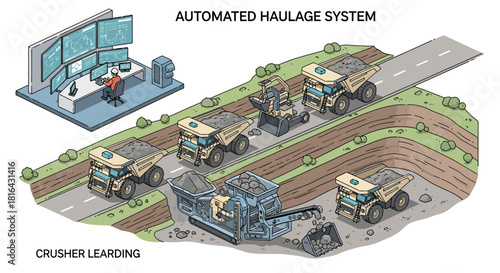 Automated Haulage System Illustration - Mining Operation with Autonomous Trucks and Control Center.