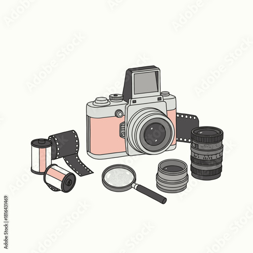 A vintage film camera surrounded by photography equipment like film rolls, lenses, and a magnifying glass.