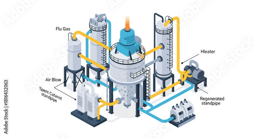 Complex industrial plant with interconnected components and pipelines.