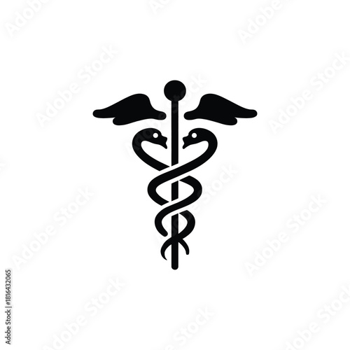 Black Caduceus Symbol with Wings and Intertwined Snakes on White Background