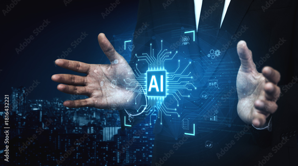 Fototapeta premium An AI platform for business integration. Central processor powers automated processes like contract management, chatbot services, and partnership solutions, all built on a foundation of code. Fermion