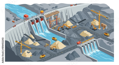 Construction of a Large Dam with Heavy Machinery and Water Flow.