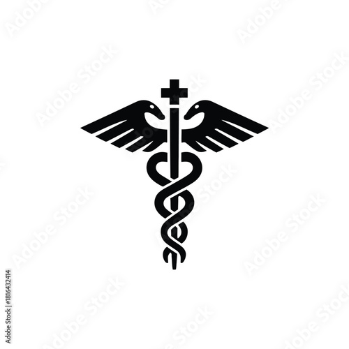 Black Medical Caduceus Symbol with Two Snakes & Wings on Transparent Background